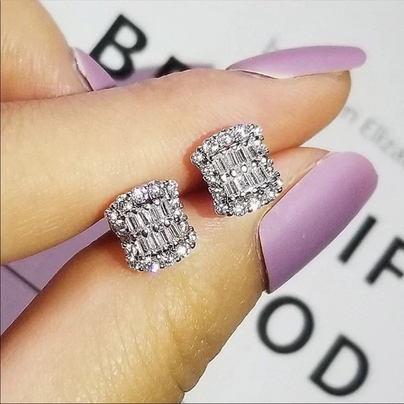 New Luxury Princess 925 Silver Diamond Earring - Picture 1 of 6